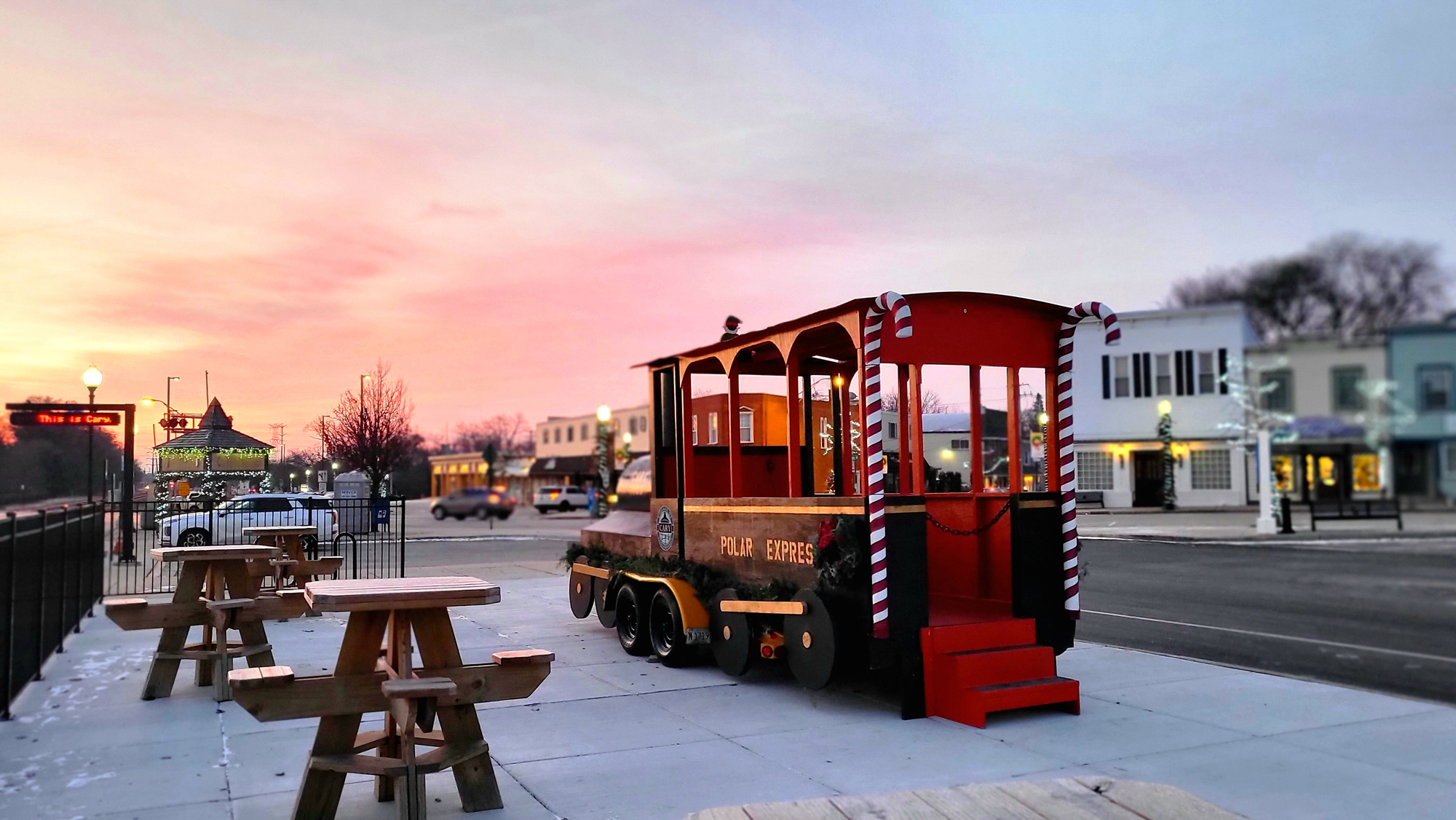 outdoor seating with polar express train